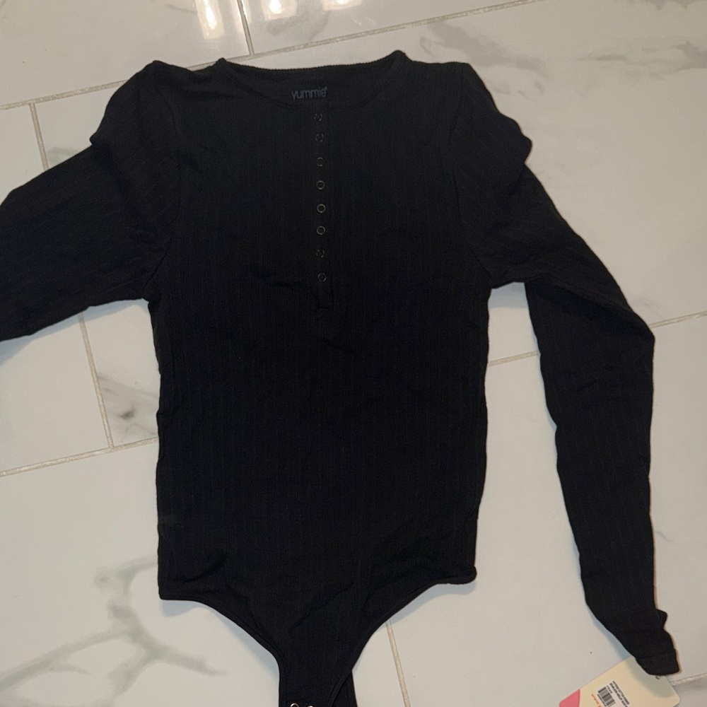 NWT Yummie Black Ribbed Long Sleeve Henley Bodysuit